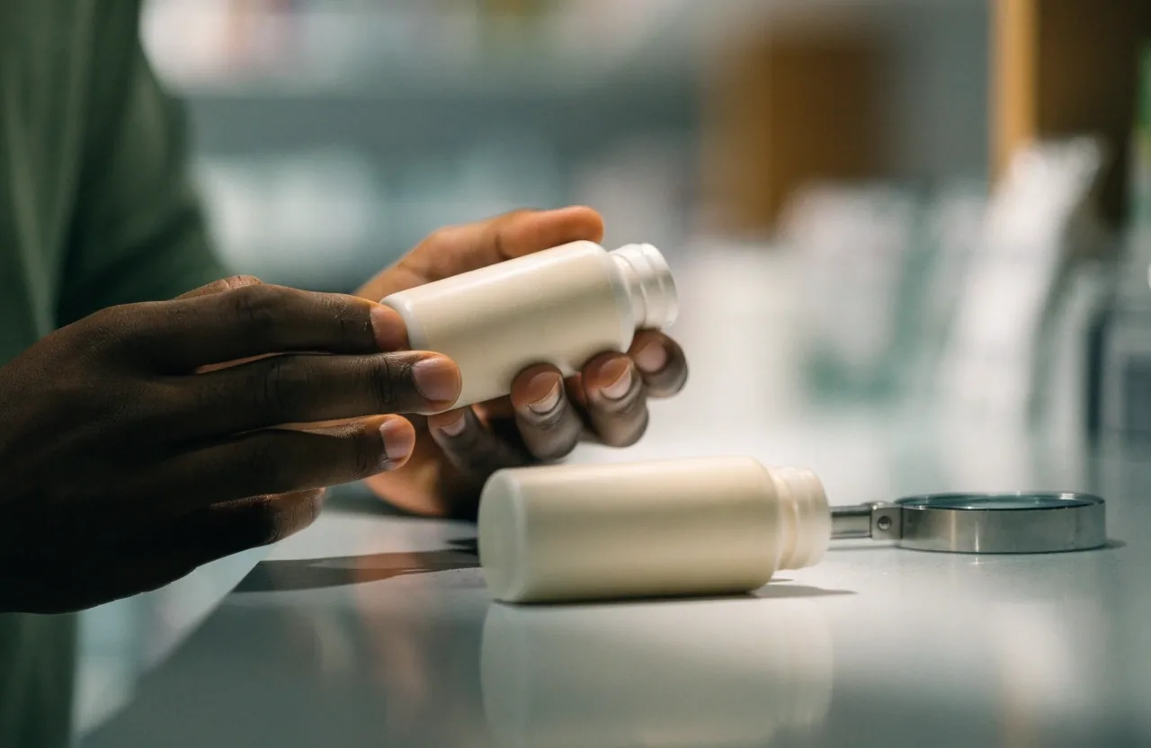 Un hombre en una farmacia leyendo el reverso de un frasco de suplemento sin etiqueta legible