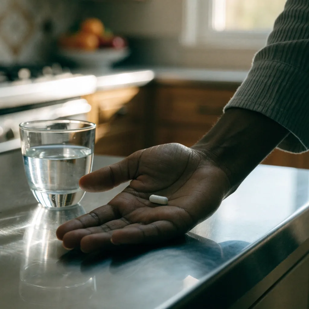 Vaso de agua sobre una superficie metálica junto a una cápsula blanca