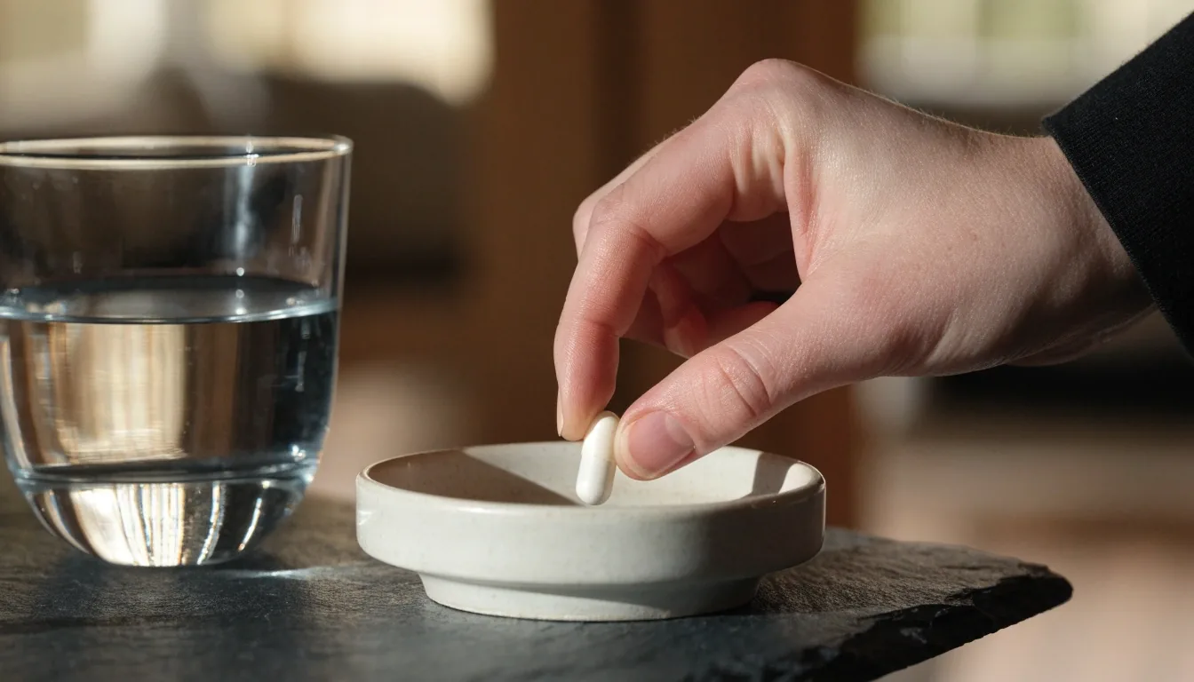 Borde de mostrador metálico con un vaso de agua bajo luz de ventana y una pastilla blanca al lado