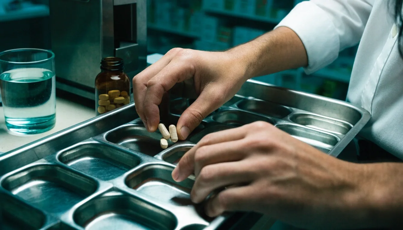 Bandeja de conteo metálica con cápsulas y tabletas sin marca ordenadas sobre una losa de pizarra húmeda bajo luz fría de farmacia