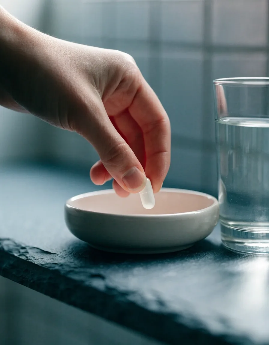 Borde de mostrador metálico junto a un vaso de agua con luz fría de ventana y una cápsula blanca sin marca