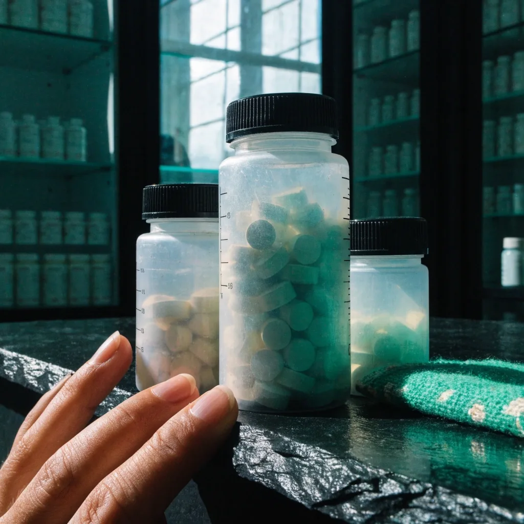 Tres frascos de suplemento sin marca de alturas distintas sobre una losa de pizarra húmeda con una tira de tela verde mineral en la base