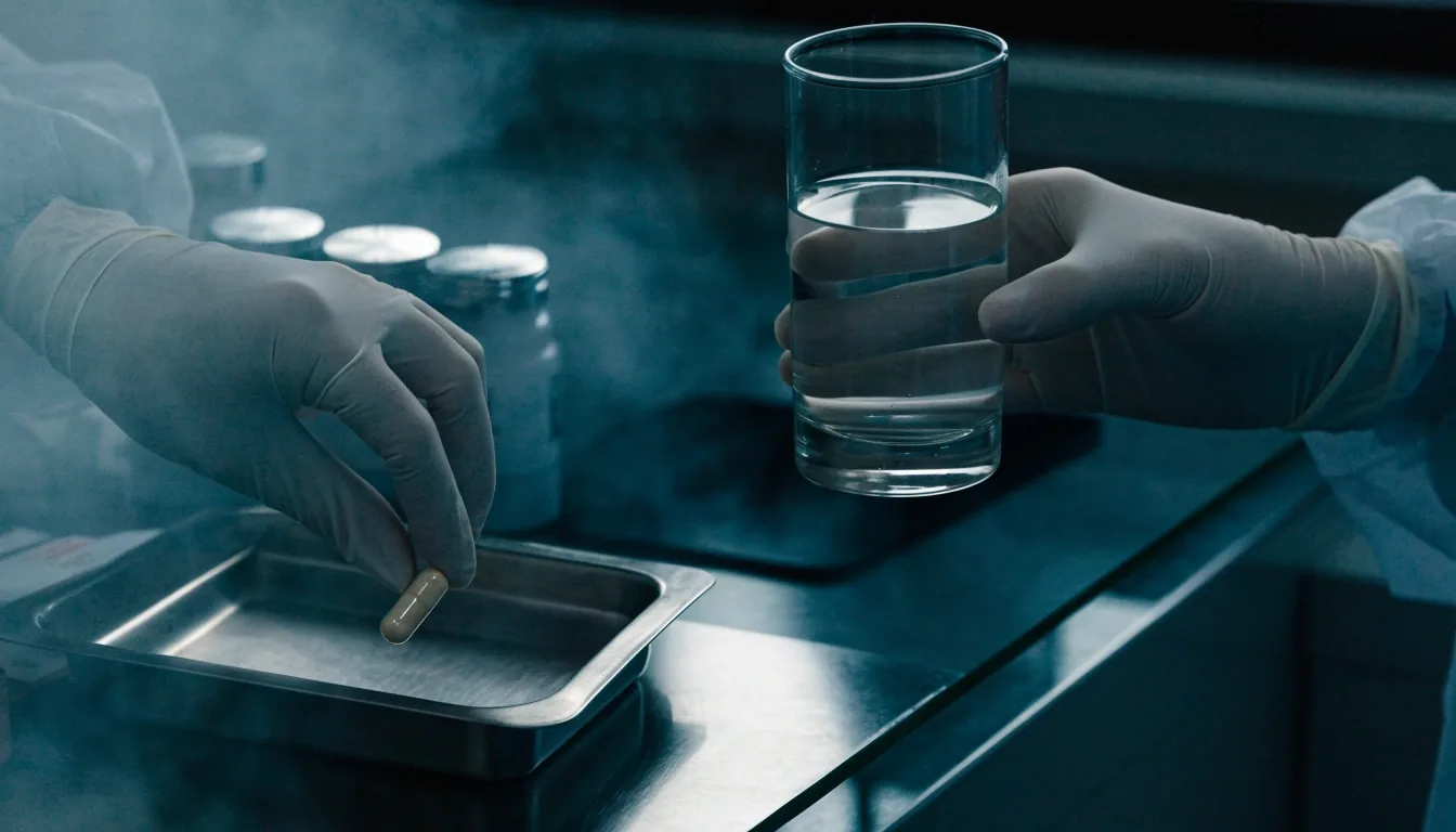 Mostrador de farmacia con una bandeja de conteo vacía, un vaso de agua y un frasco sin etiqueta bajo luz fría de ventana