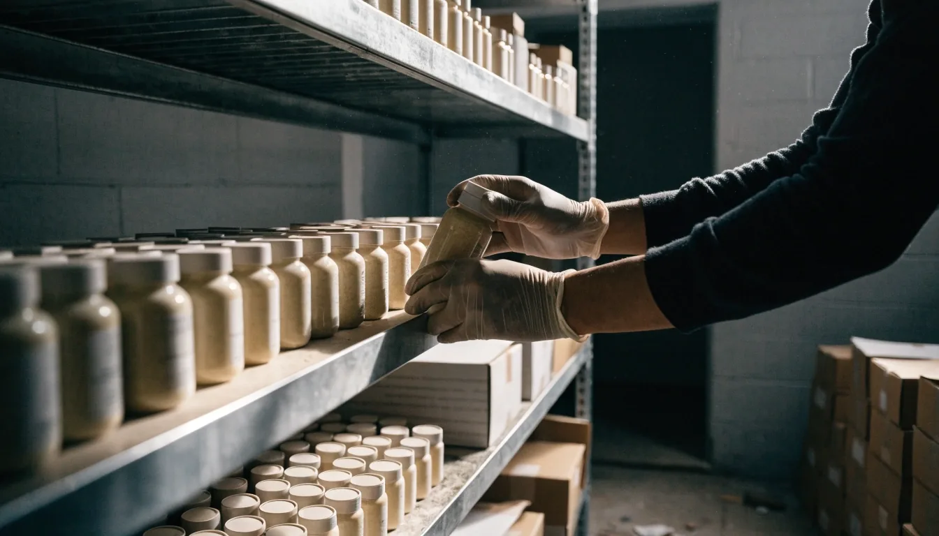 Estantería de bodega de farmacia con columnas de frascos de suplementos bajo luz fría